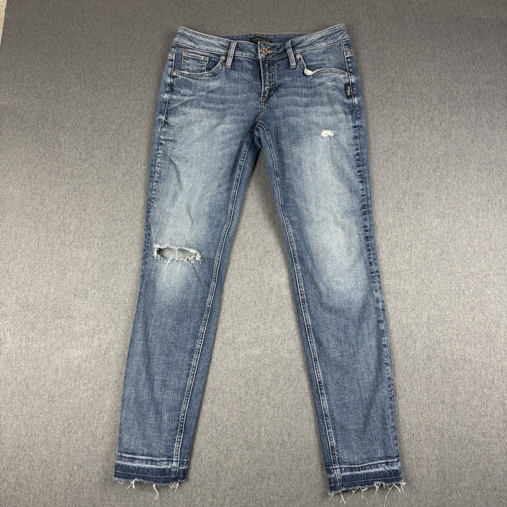 Silver Jeans Co Womens 27 Boyfriend Distressed Mid Rise Stretch Blue Jeans